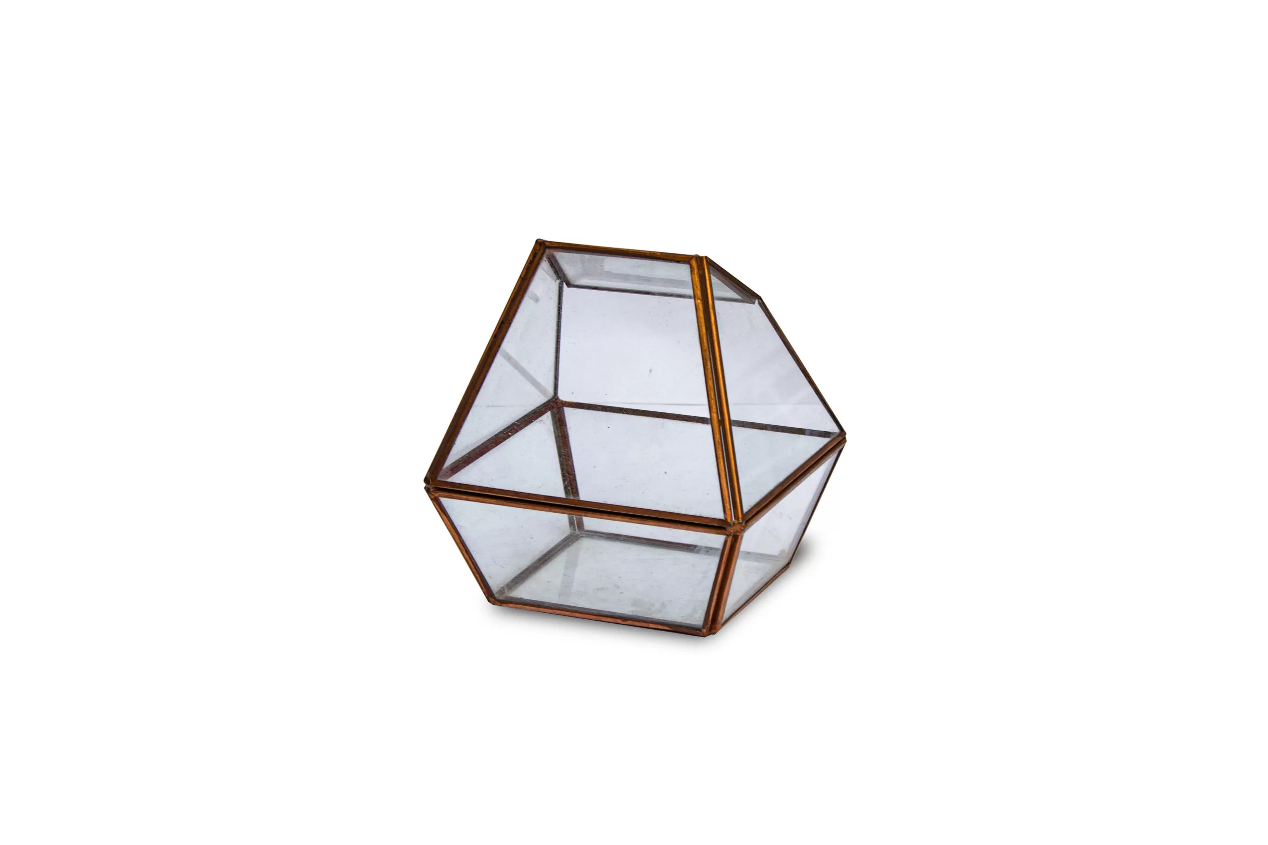 Cofre de vidrio hexagonal con bordes metálicos
